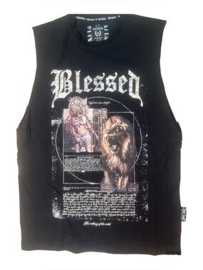 Sz M Blessed Graphic Muscle Tee - Black with White/Brown Print